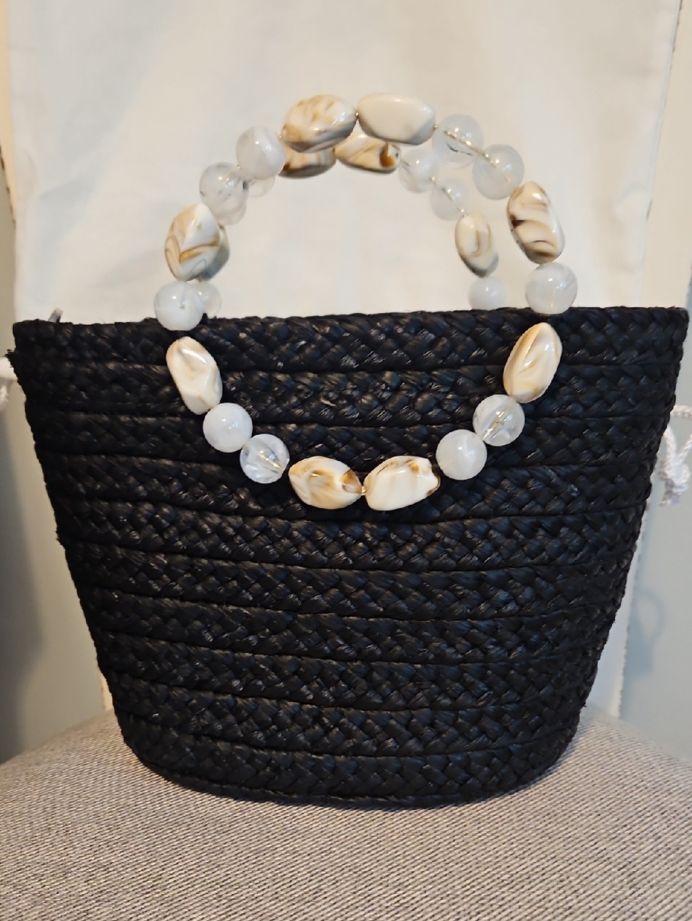 Helen Kaminski Black Woven Tote with Cream Beaded Handles